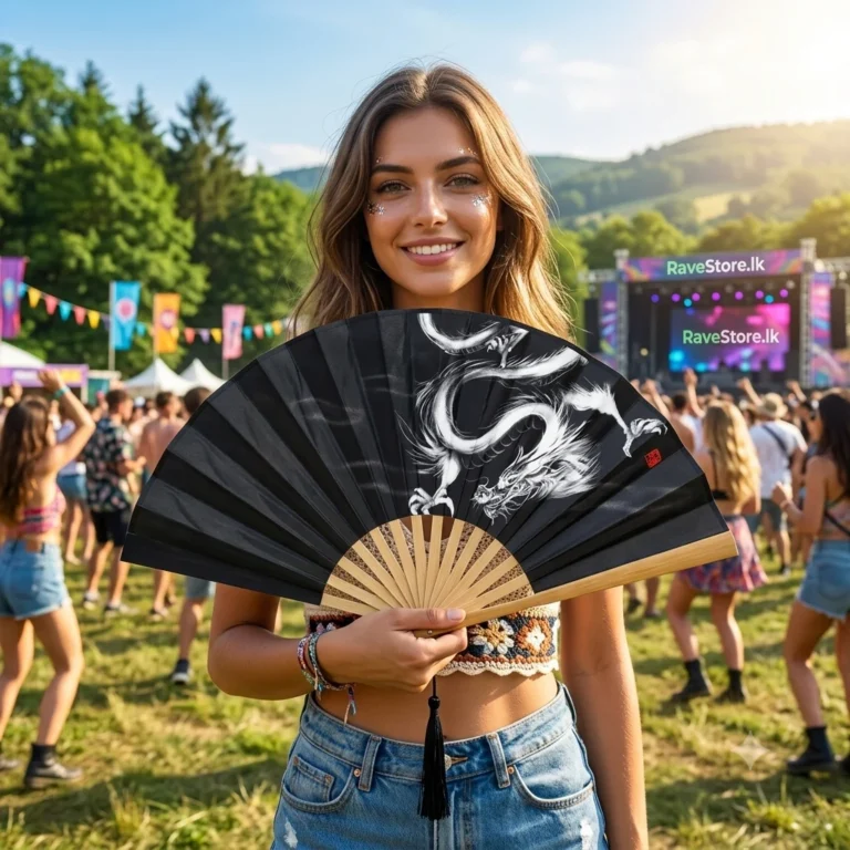 White Dragon Vintage Small Bamboo Hand Fan at a rave festival - RaveStore.lk
