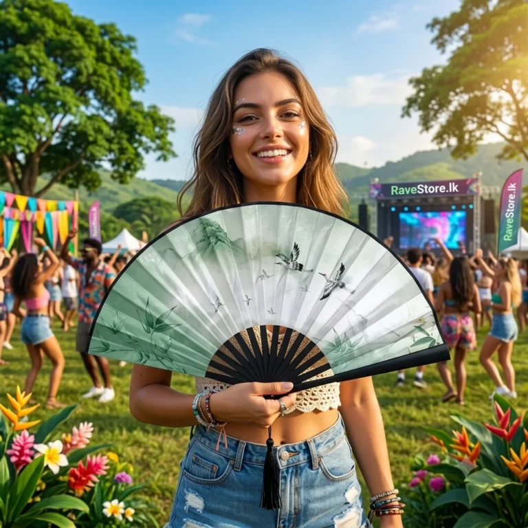 Vintage Painting Small Bamboo Hand Fan at a rave festival - RaveStore.lk