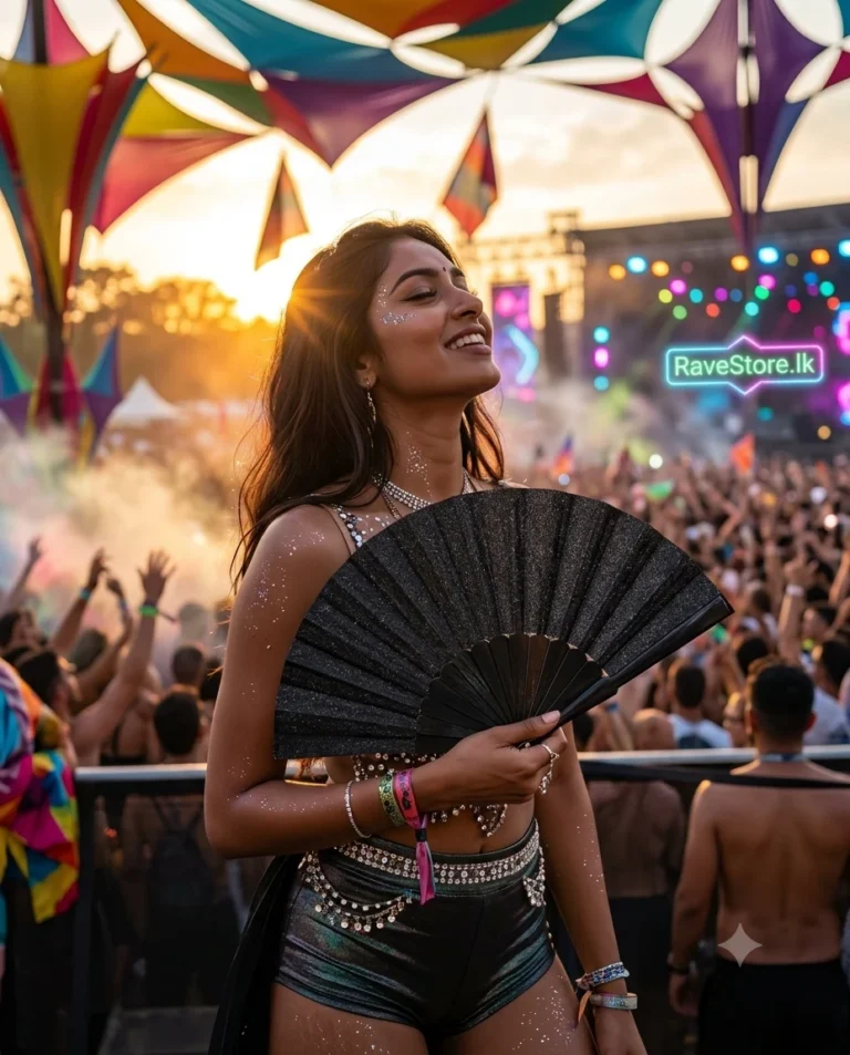 Black Glitter Small Hand Fan at a rave festival - RaveStore.lk