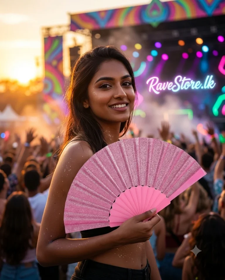 White Glitter Small Hand Fan at a rave festival - RaveStore.lk