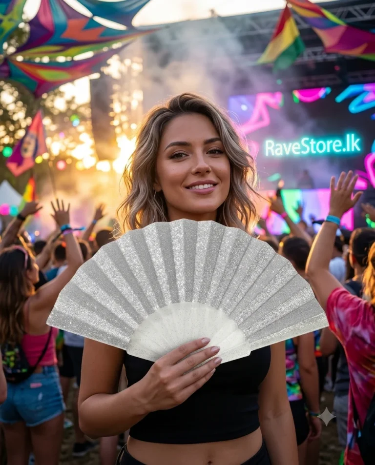 Pink Glitter Small Hand Fan at a rave festival - RaveStore.lk