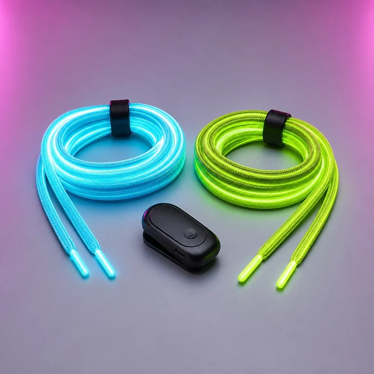 Cyan and lime LED glow shoelaces with controller clip