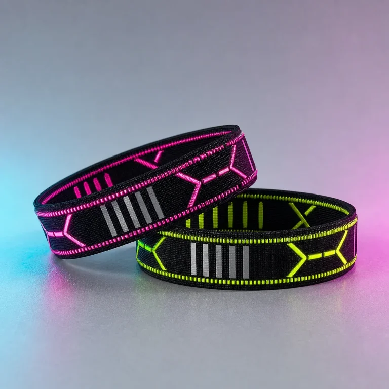 Neon reflective rave wristbands in magenta and lime