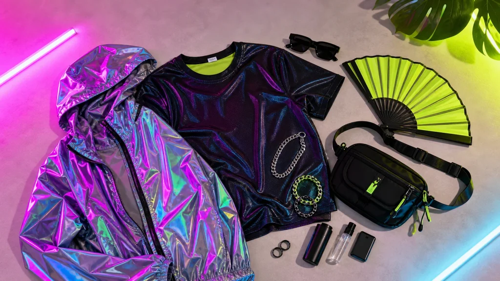 Sri Lankan rave outfit with fan, sunglasses and a compact bag